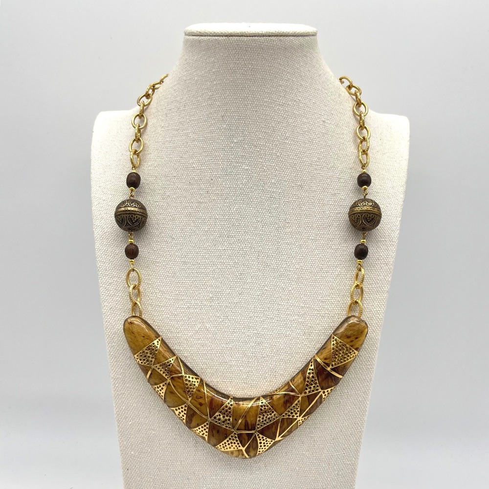 Vintage Statement Necklace Geometric Pendant Gold Tone Chain‎ Boomerang